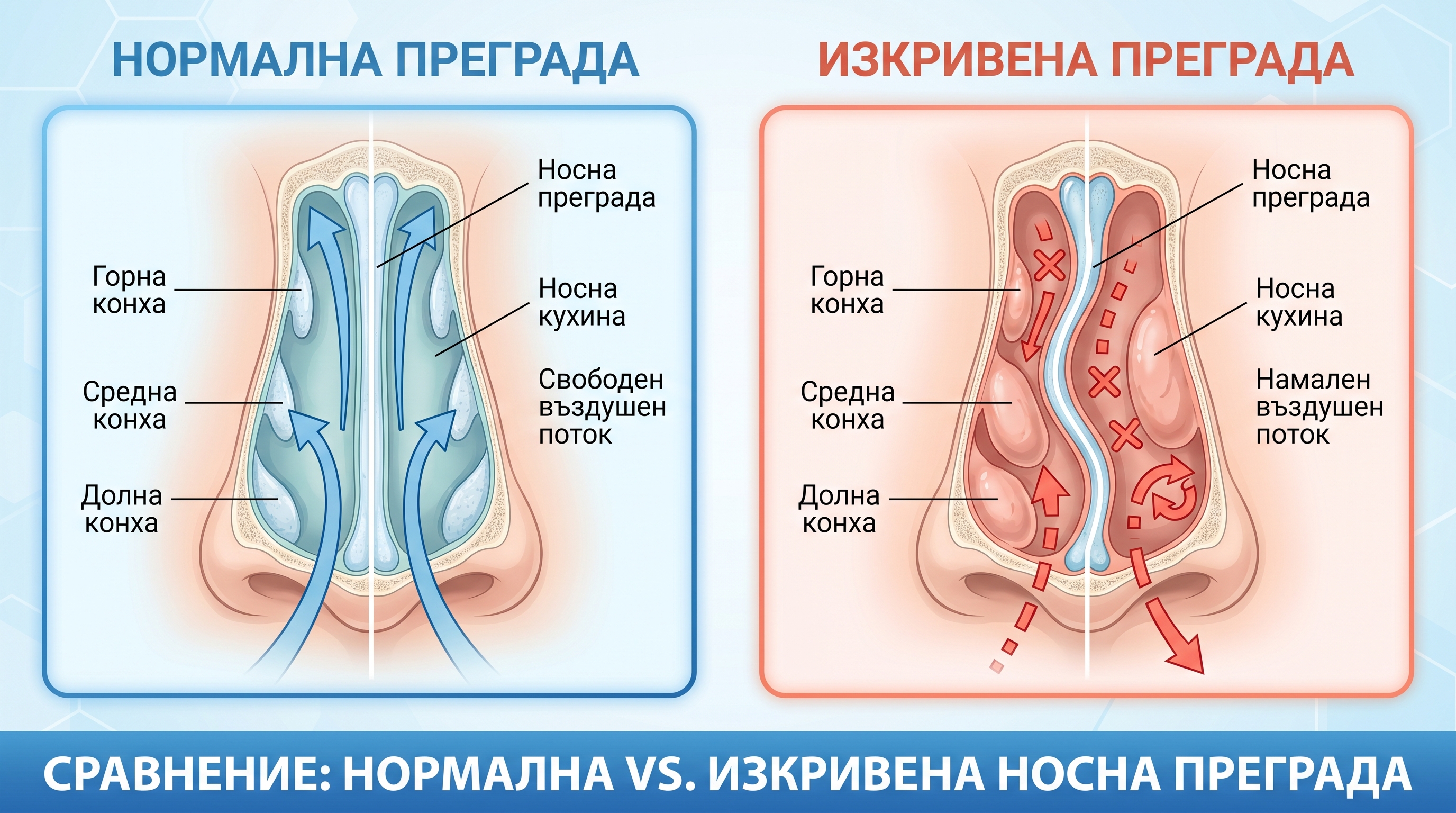 Инфографика: нормална vs. изкривена носна преграда
